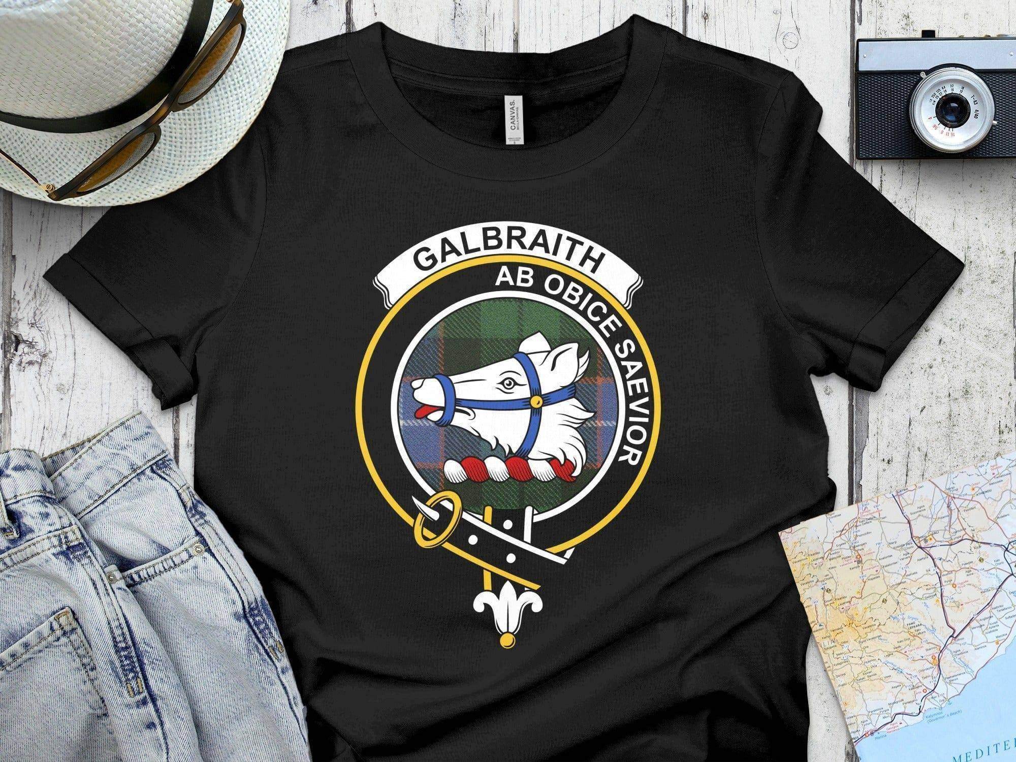 Clan Galbraith bear head crest tartan t-shirt in navy — printed Scottish heritage tee