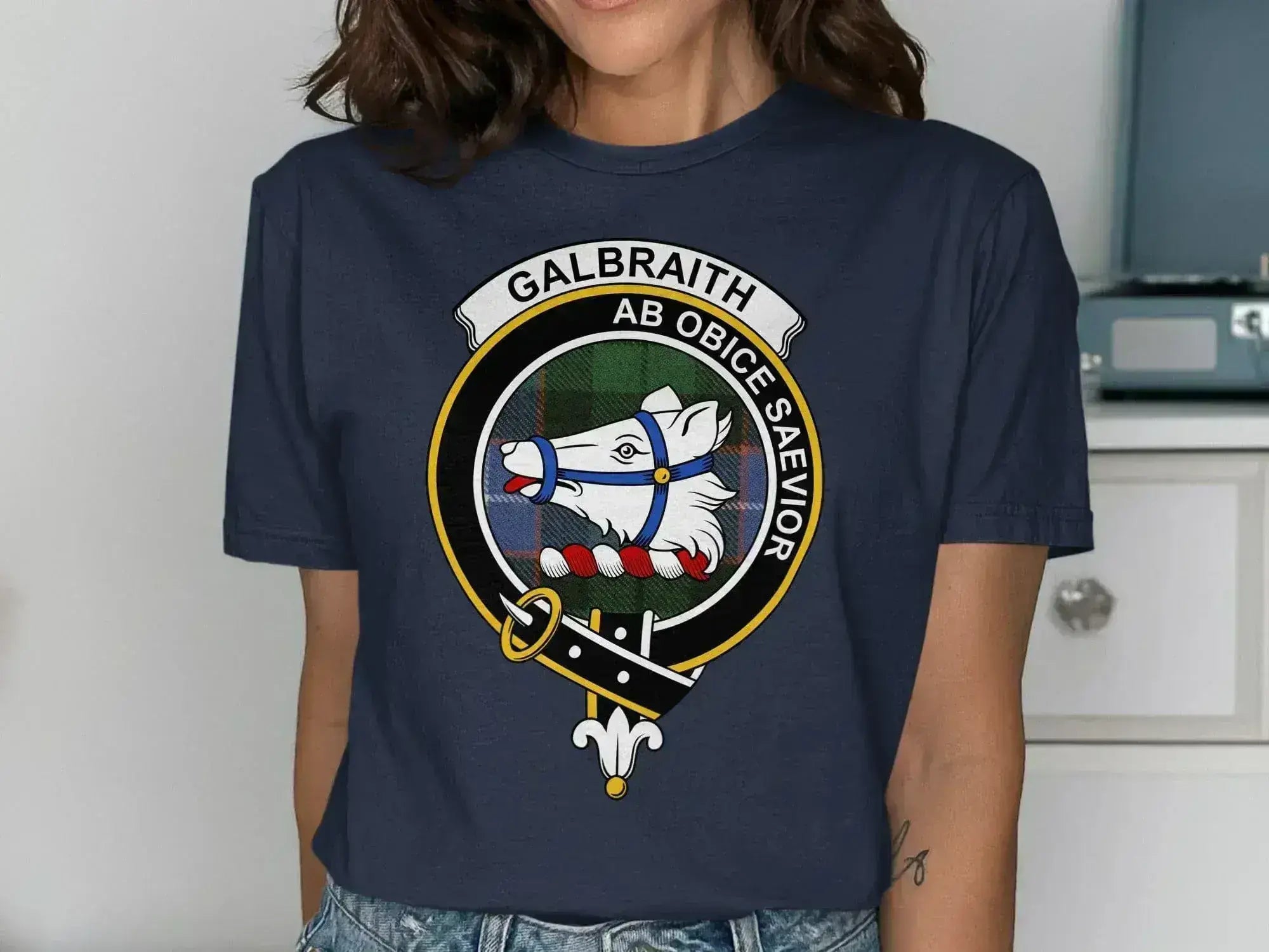 Galbraith clan crest t-shirt in black — Ab Obice Saevior motto and bear head crest on chest