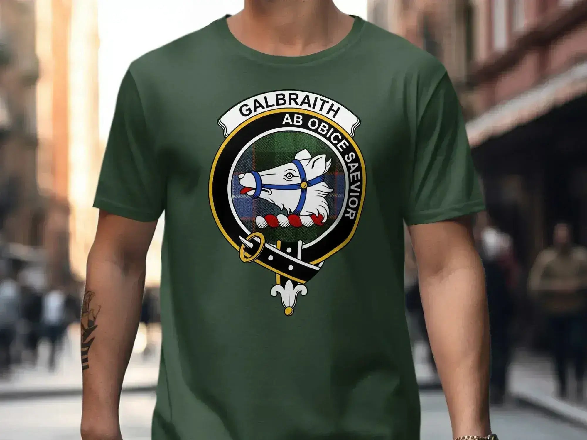 Galbraith clan crest t-shirt in forest green — printed bear head crest and tartan design