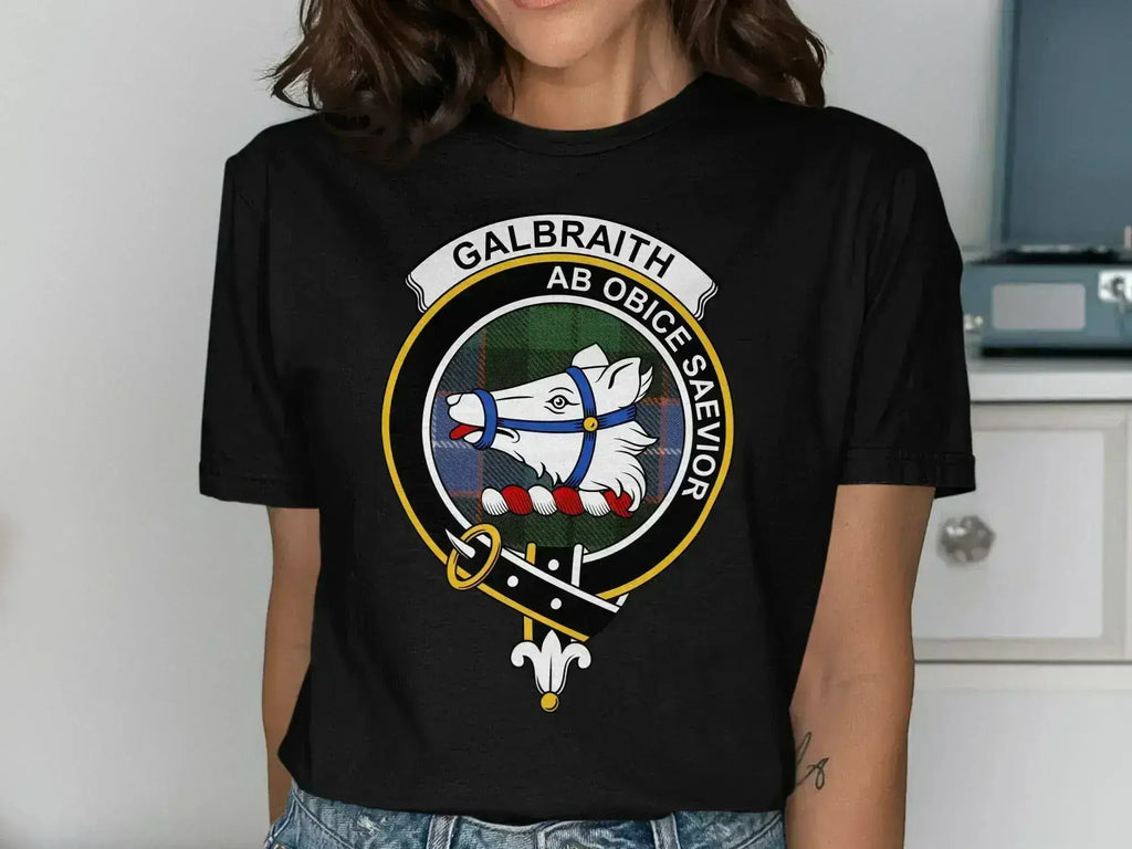 Galbraith clan crest t-shirt in royal blue — front view showing full crest detail