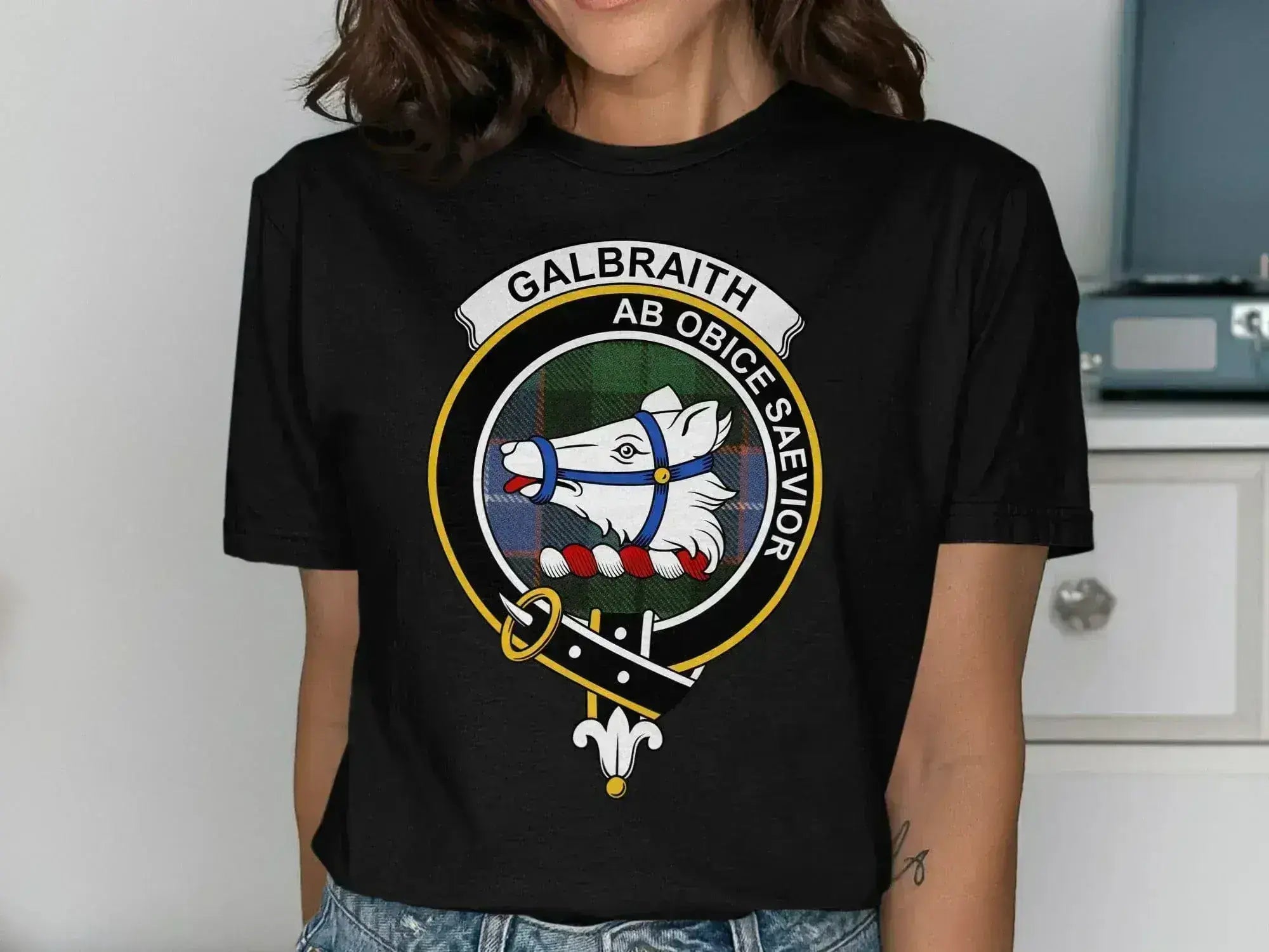 Galbraith clan crest t-shirt in royal blue — front view showing full crest detail