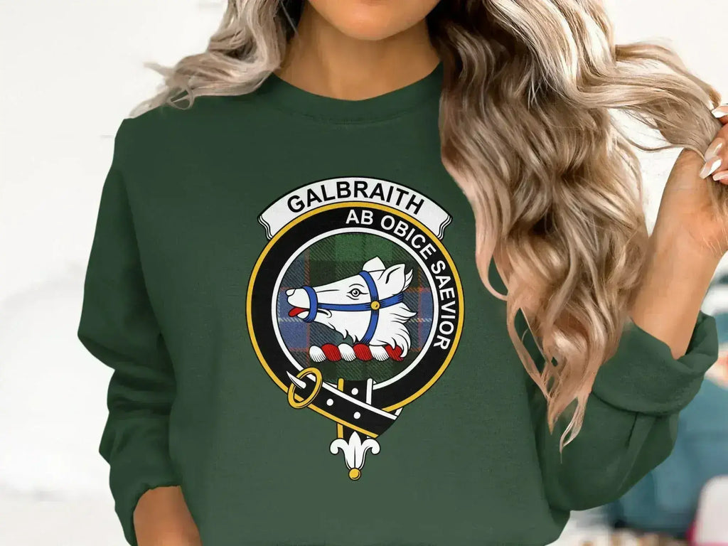 Galbraith clan crest crewneck sweatshirt in forest green — fleece Scottish heritage top