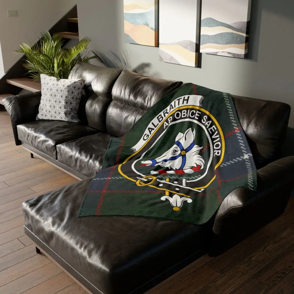 Clan Galbraith crest tartan printed throw blanket — 50x60 inch polyester with clan crest on front