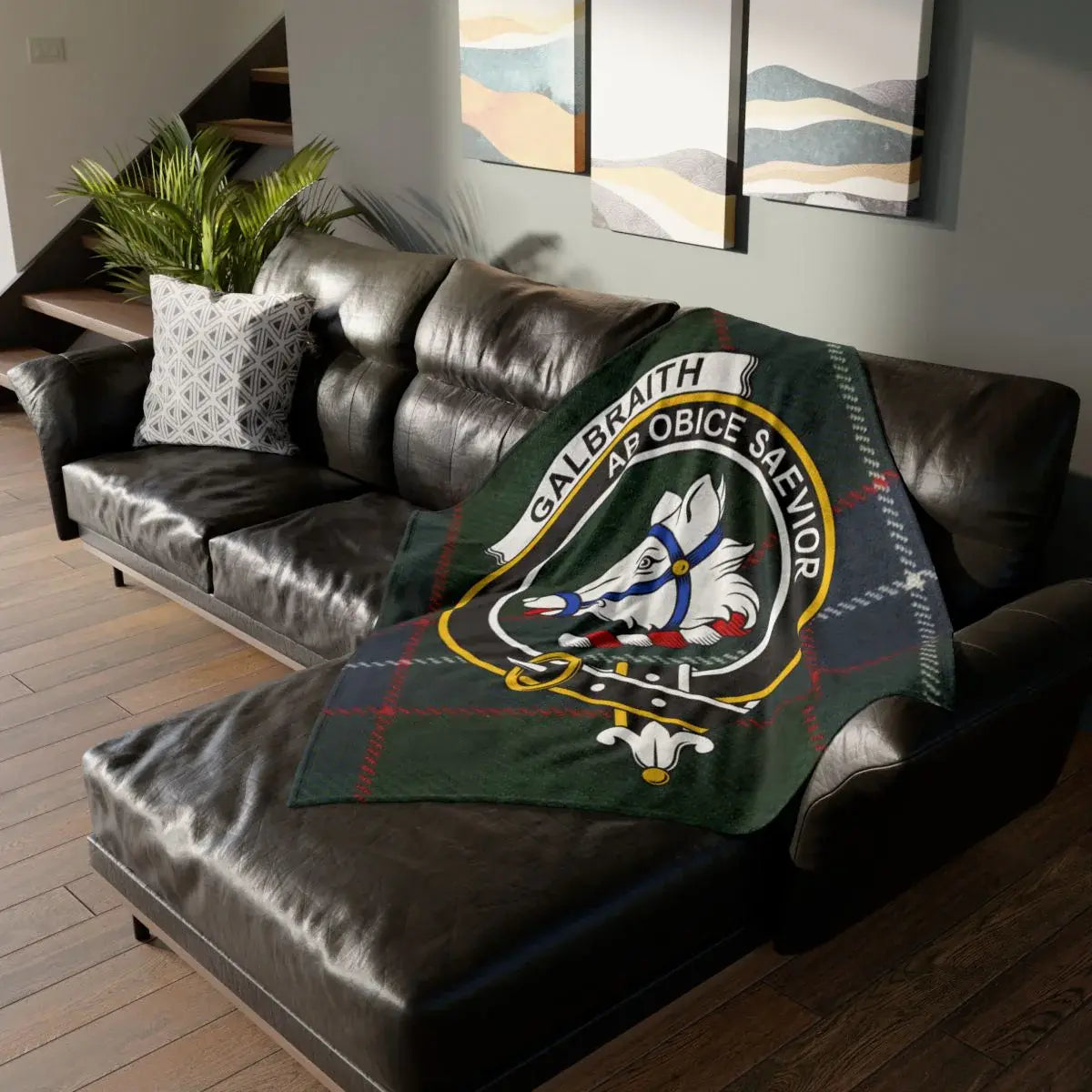 Clan Galbraith crest tartan printed throw blanket — 50x60 inch polyester with clan crest on front