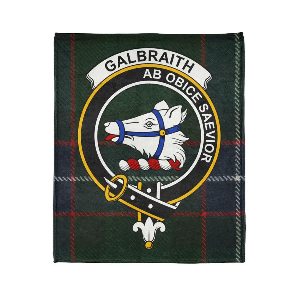 Galbraith crest and Ab Obice Saevior motto on printed throw blanket — full flat lay view
