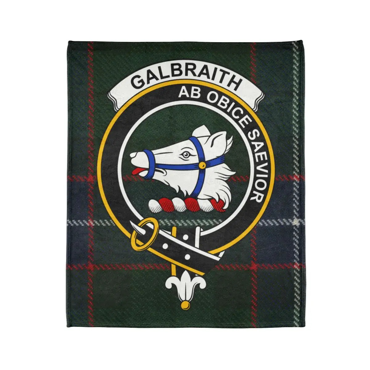 Galbraith crest and Ab Obice Saevior motto on printed throw blanket — full flat lay view