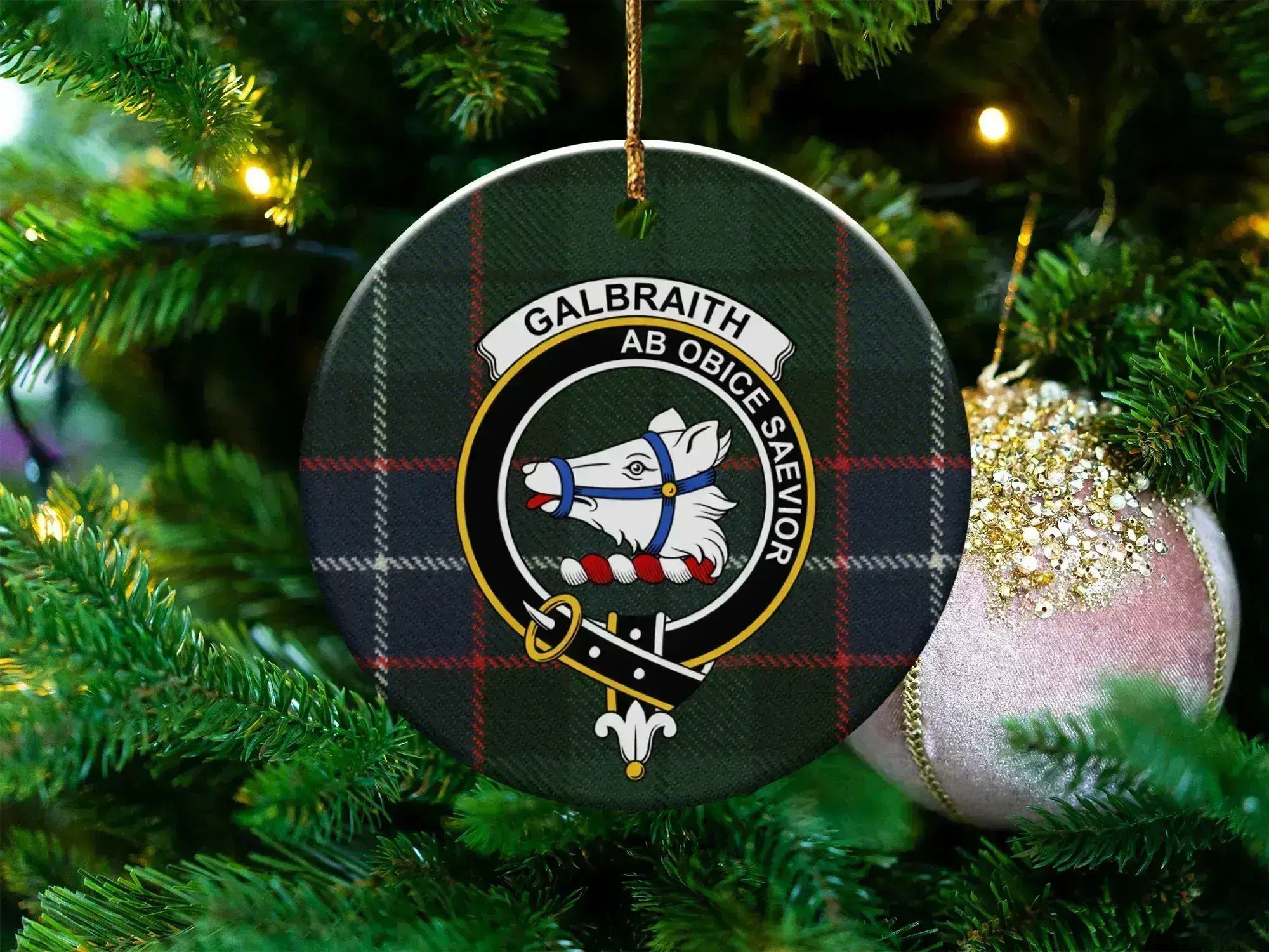 Clan Galbraith tartan crest ceramic ornament — 3 inch round double-sided Scottish keepsake