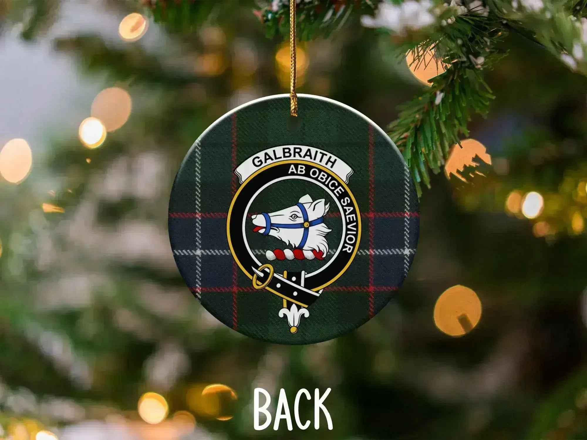Galbraith clan crest Christmas ornament — front view showing tartan and crest with gold hanging string