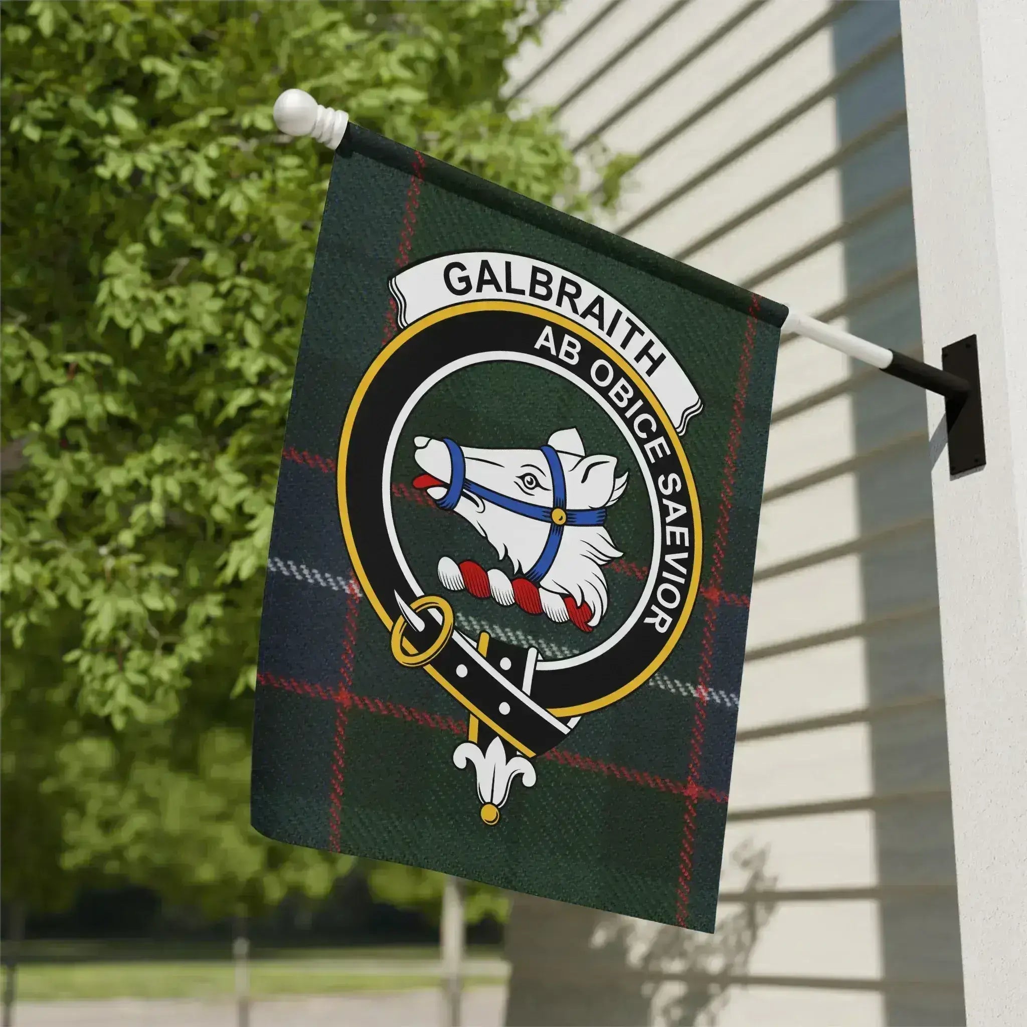 Clan Galbraith crest tartan garden flag — 12x18 inch poly-canvas flag on garden pole