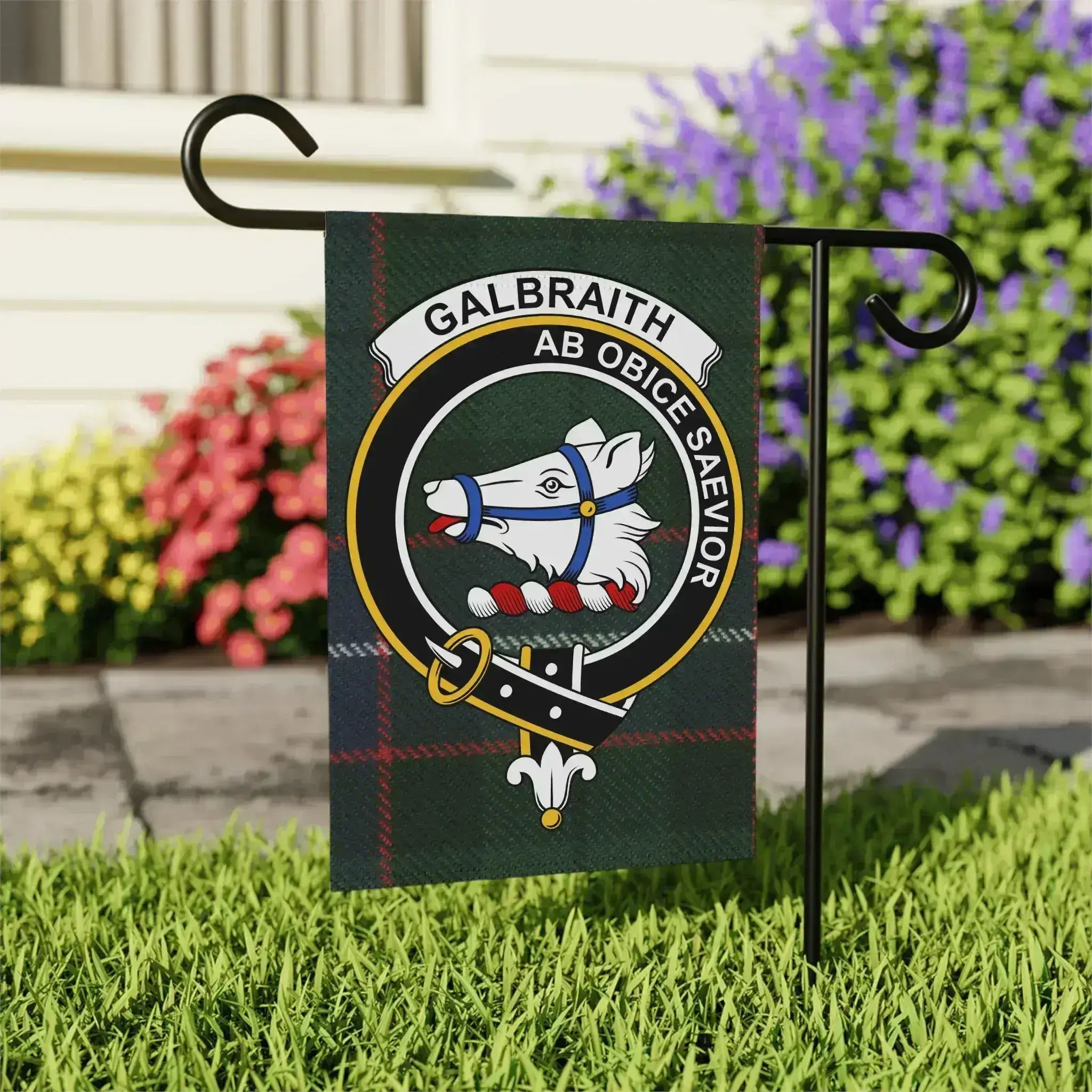 Galbraith clan crest garden flag — 24.5x32 inch size showing full tartan crest design