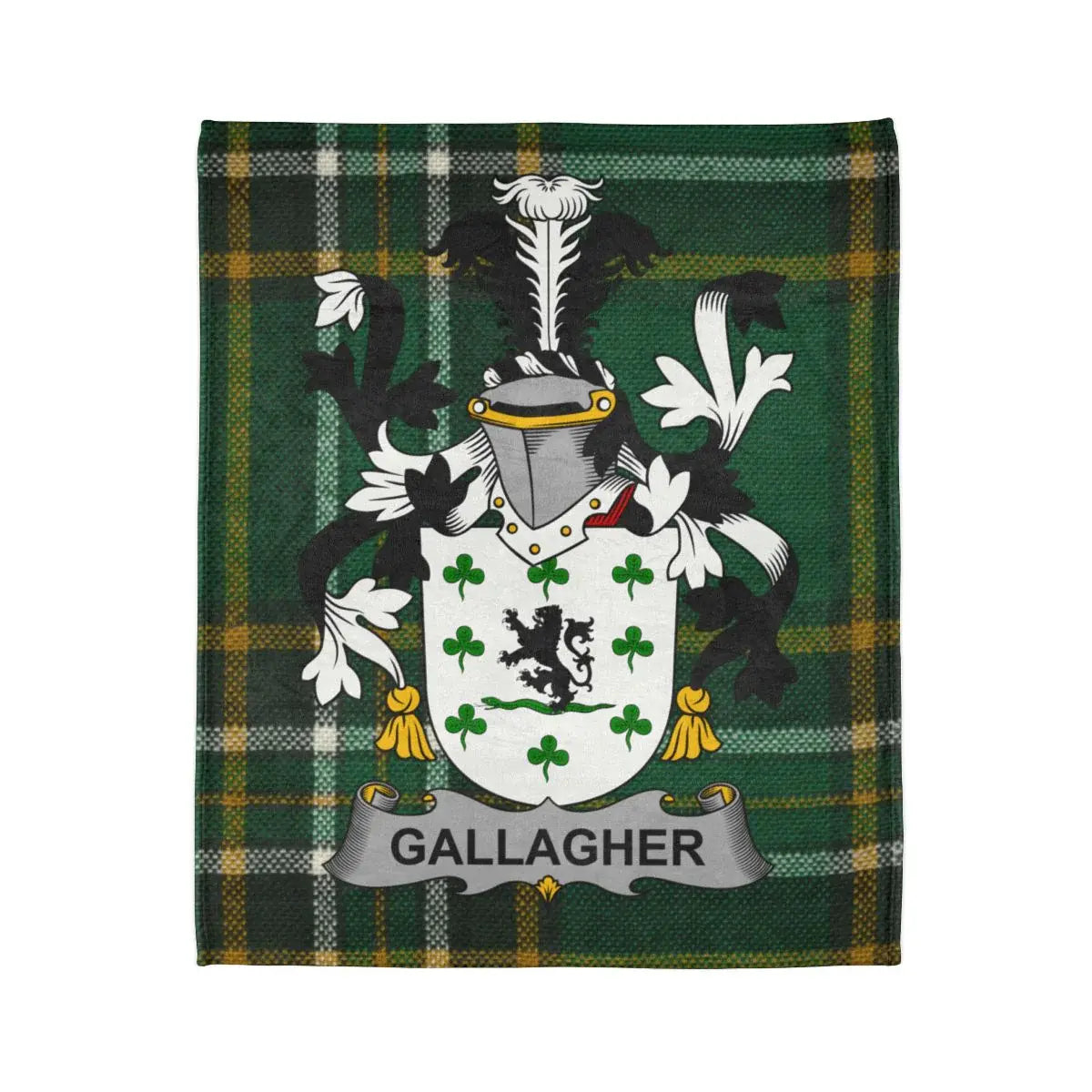 Gallagher Family Crest on Green Plaid Tartan Blanket