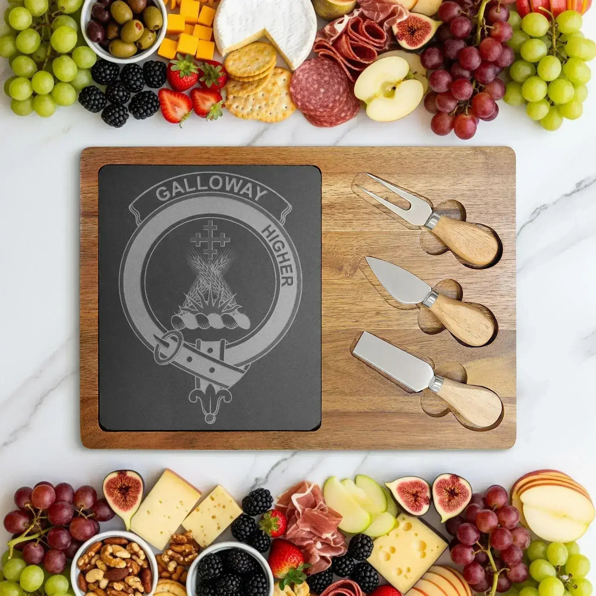 Galloway clan crest and Higher motto engraved on acacia-and-slate board