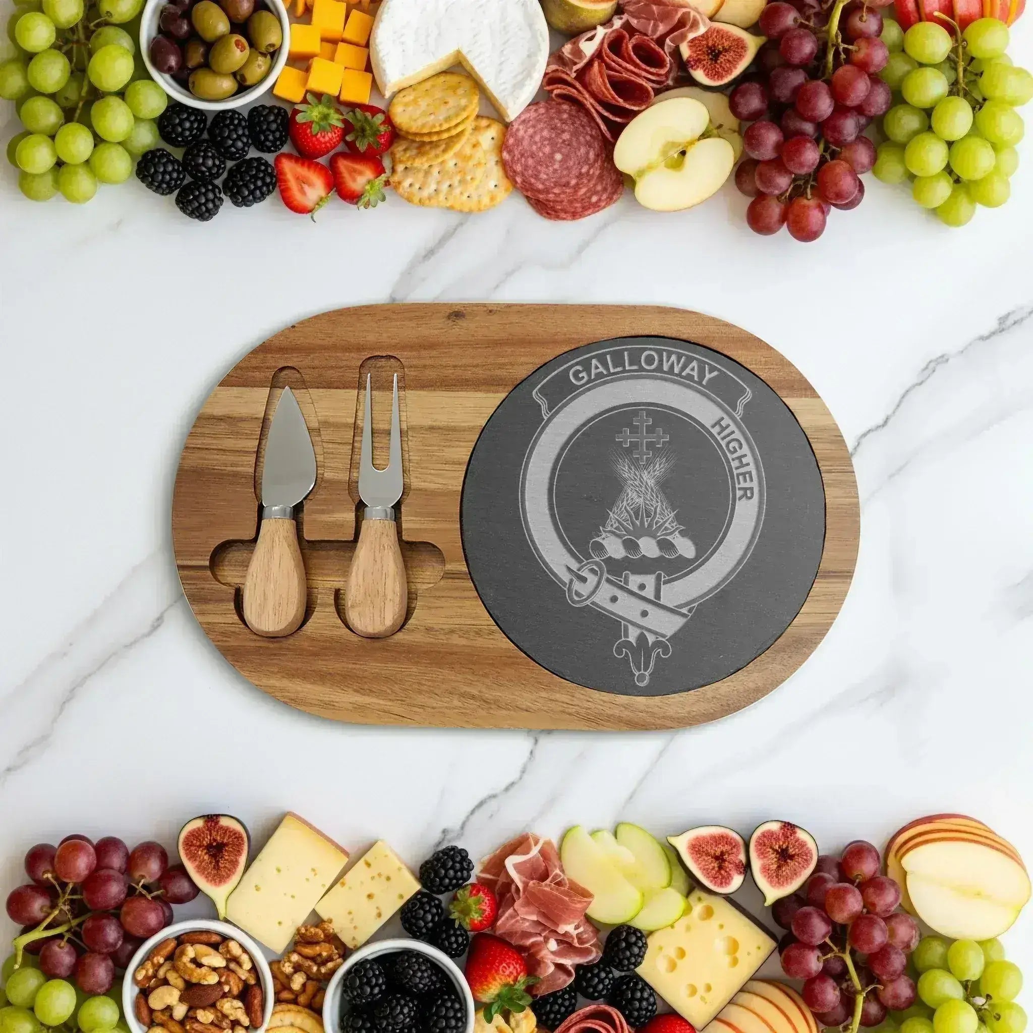 Galloway engraved Scottish heritage serving board in acacia wood and slate