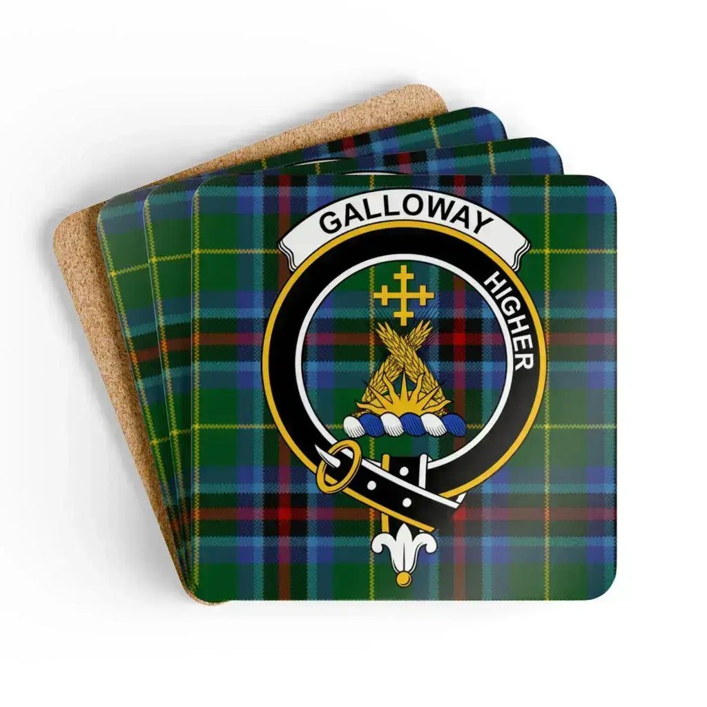 Clan Galloway crest tartan coaster set — four square cork-backed coasters, 3.75 inch