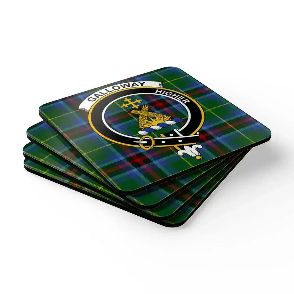 Clan Galloway coaster set — all four coasters shown with crest and tartan background
