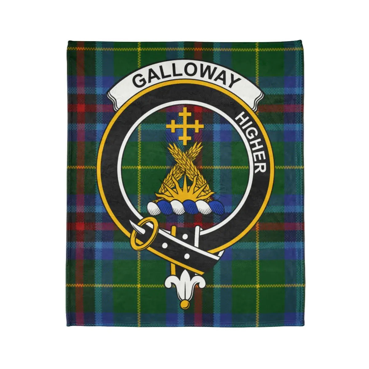 Galloway clan crest and Higher motto on printed throw blanket — full flat lay view