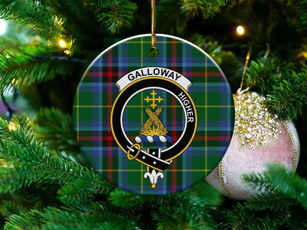 Clan Galloway tartan crest ceramic ornament — 3 inch round double-sided Scottish Christmas keepsake