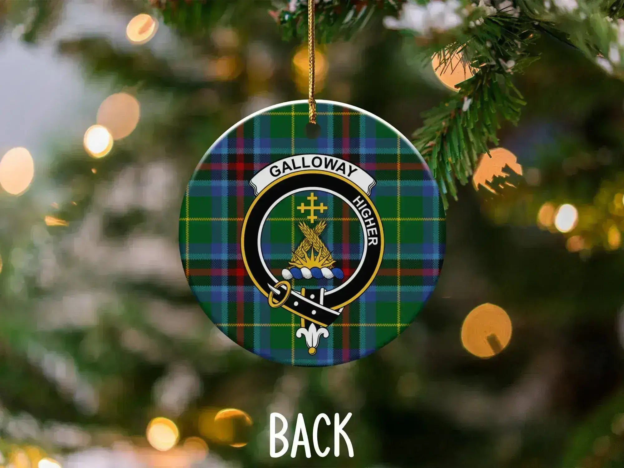 Galloway clan crest ornament hanging on tree — front view showing tartan and Higher motto
