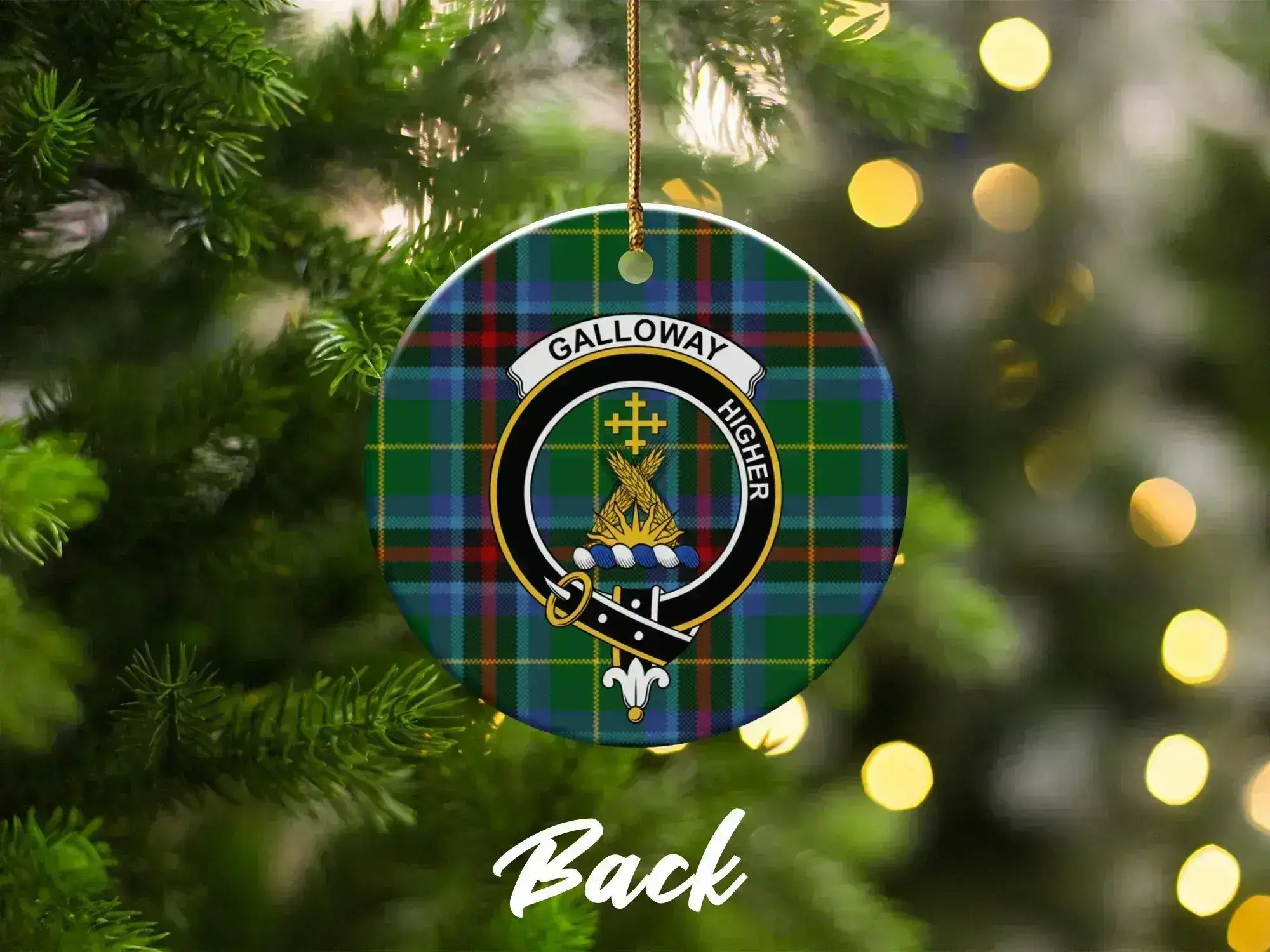 Galloway clan crest Christmas ornament — close-up of double-sided ceramic print with gold string