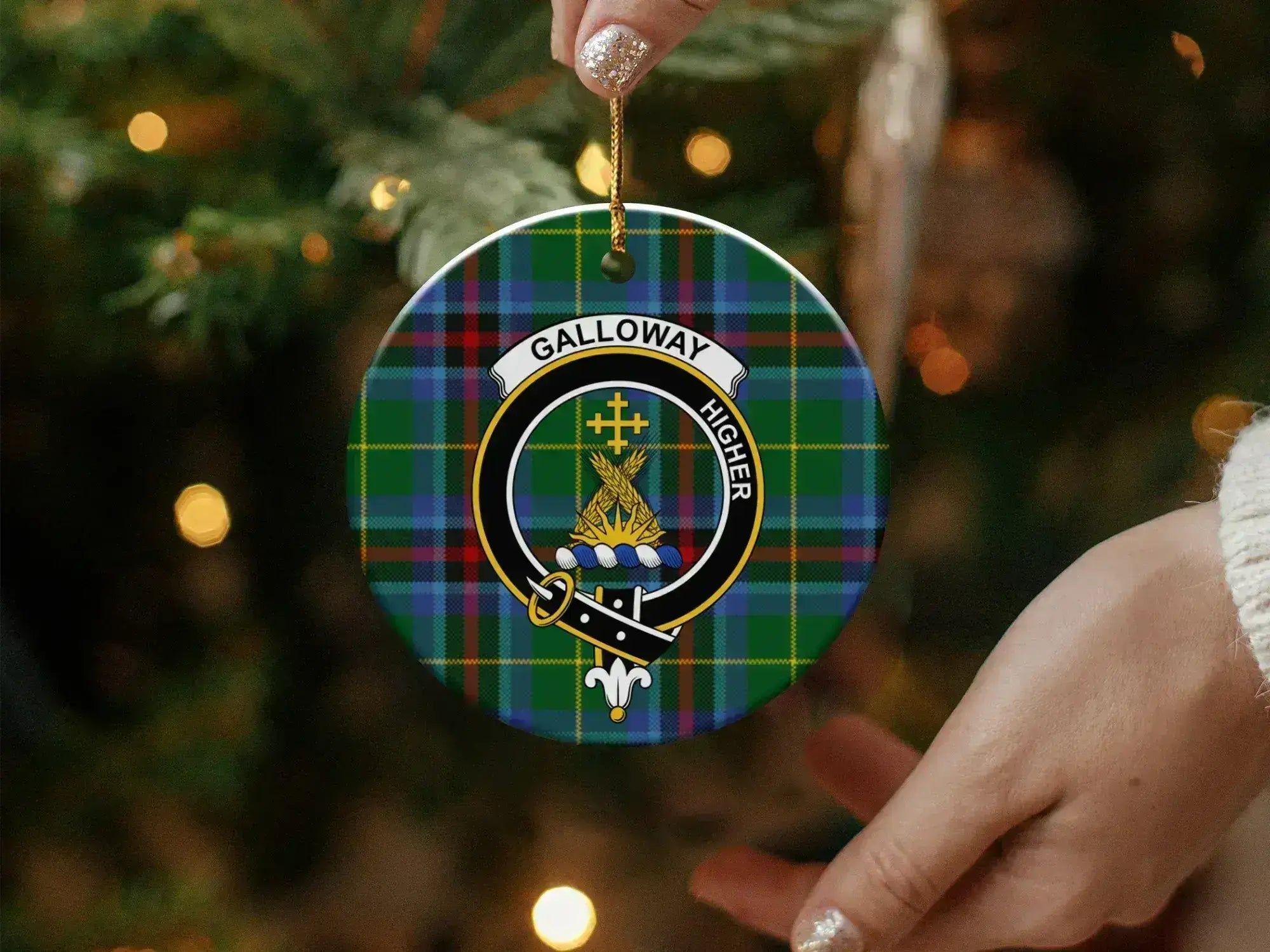 Galloway tartan crest ornament — 3 inch round ceramic, back side showing double-sided design