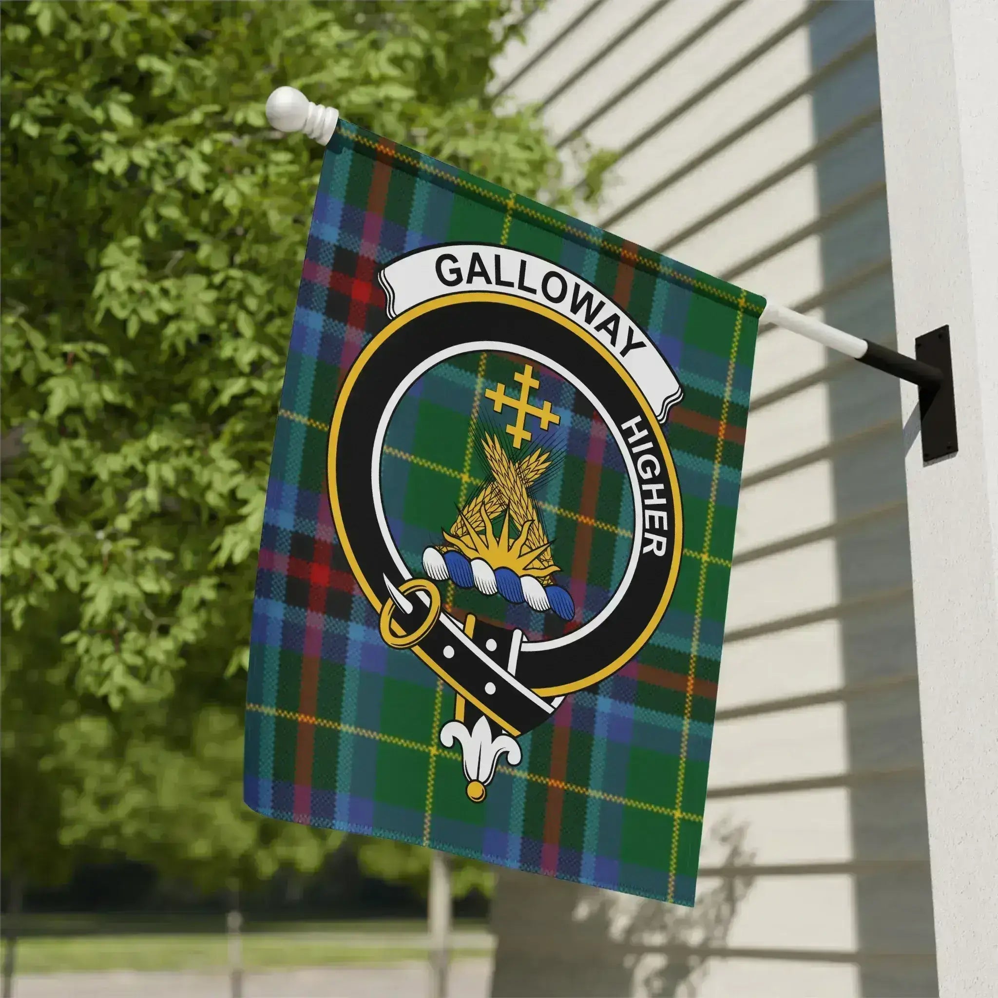 Clan Galloway crest tartan garden flag — 12x18 inch poly-canvas flag showing clan crest and Higher motto