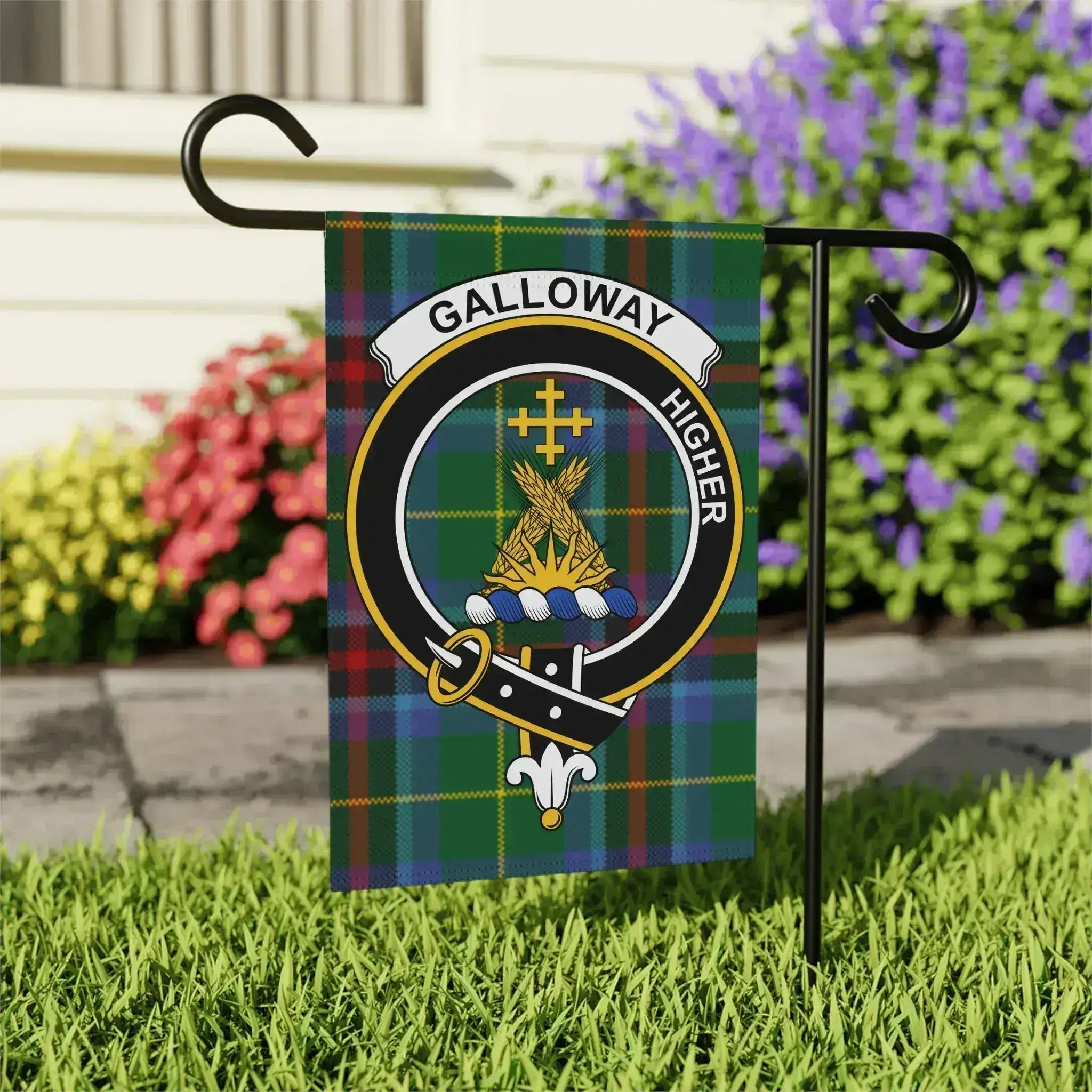Galloway clan crest garden flag — 24.5x32 inch size displaying full tartan crest design on pole