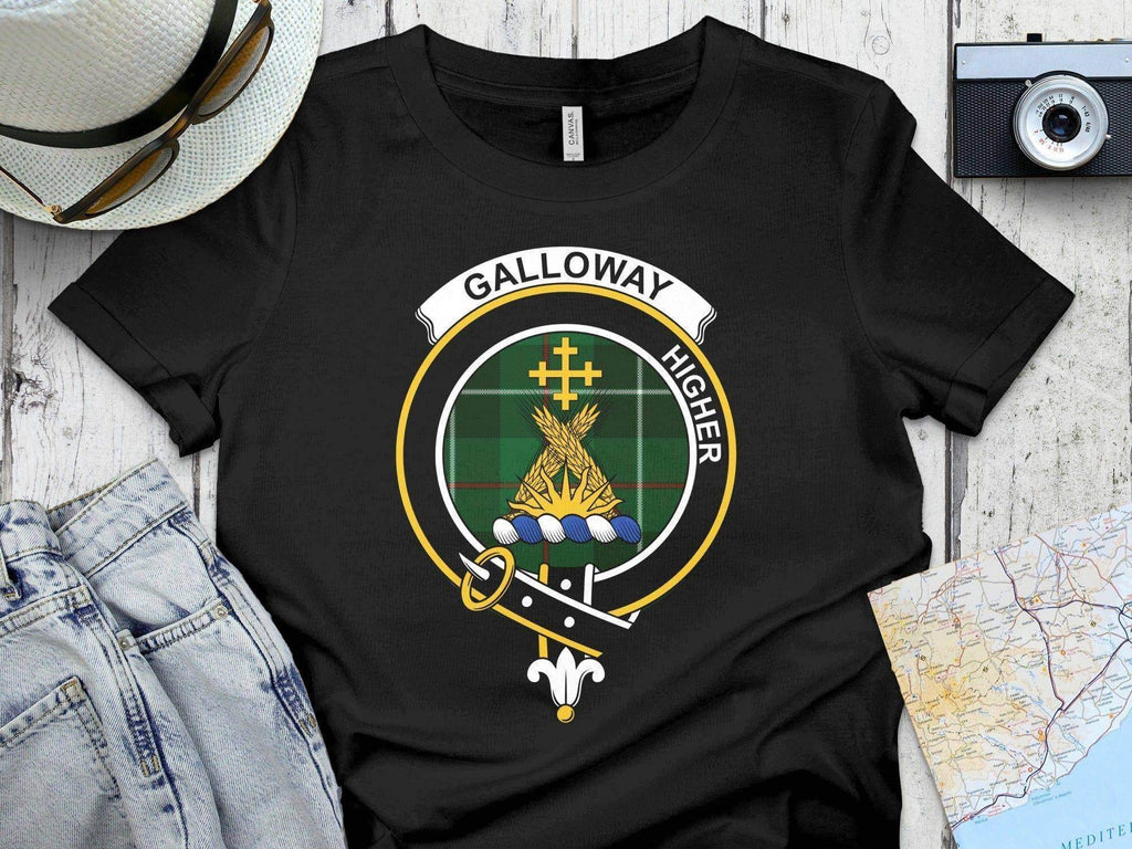 Clan Galloway crest tartan t-shirt in black — Higher motto and clan crest printed on chest