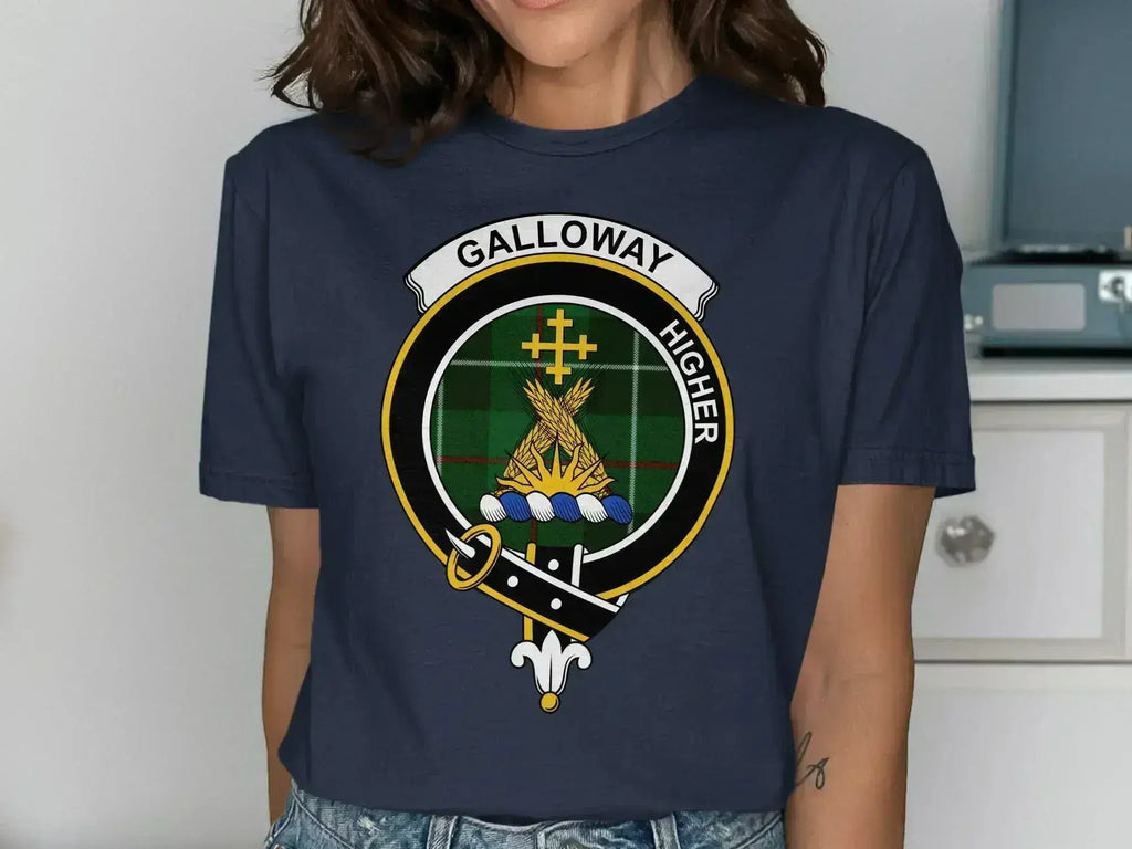 Galloway clan crest t-shirt in navy — printed crest and tartan design on soft cotton tee
