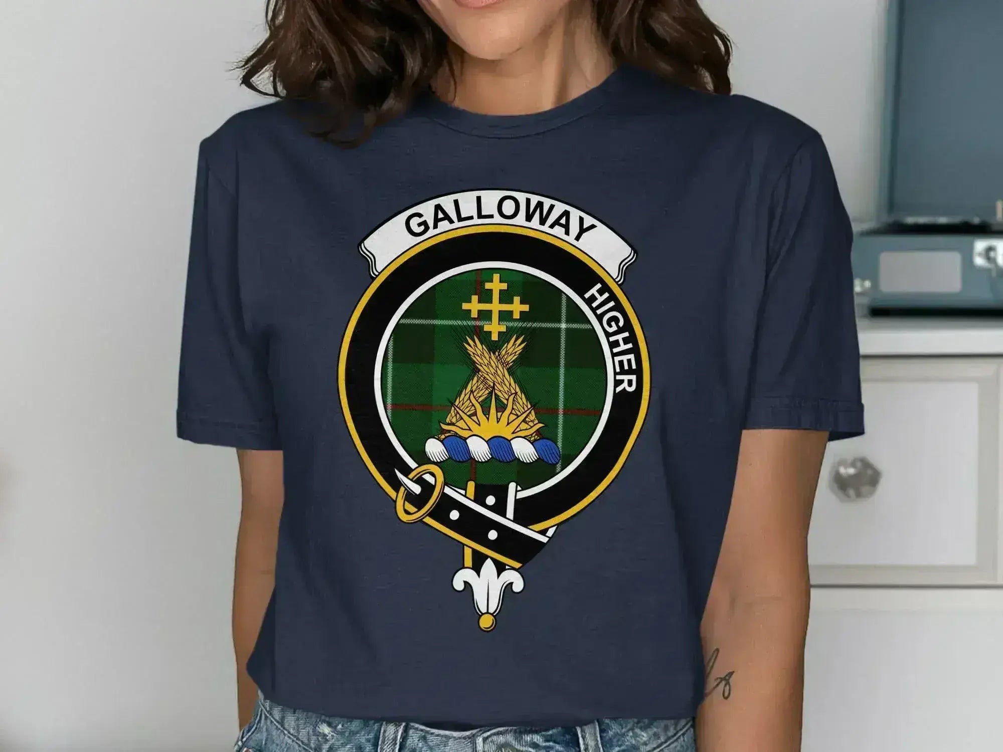 Galloway clan crest t-shirt in navy — printed crest and tartan design on soft cotton tee