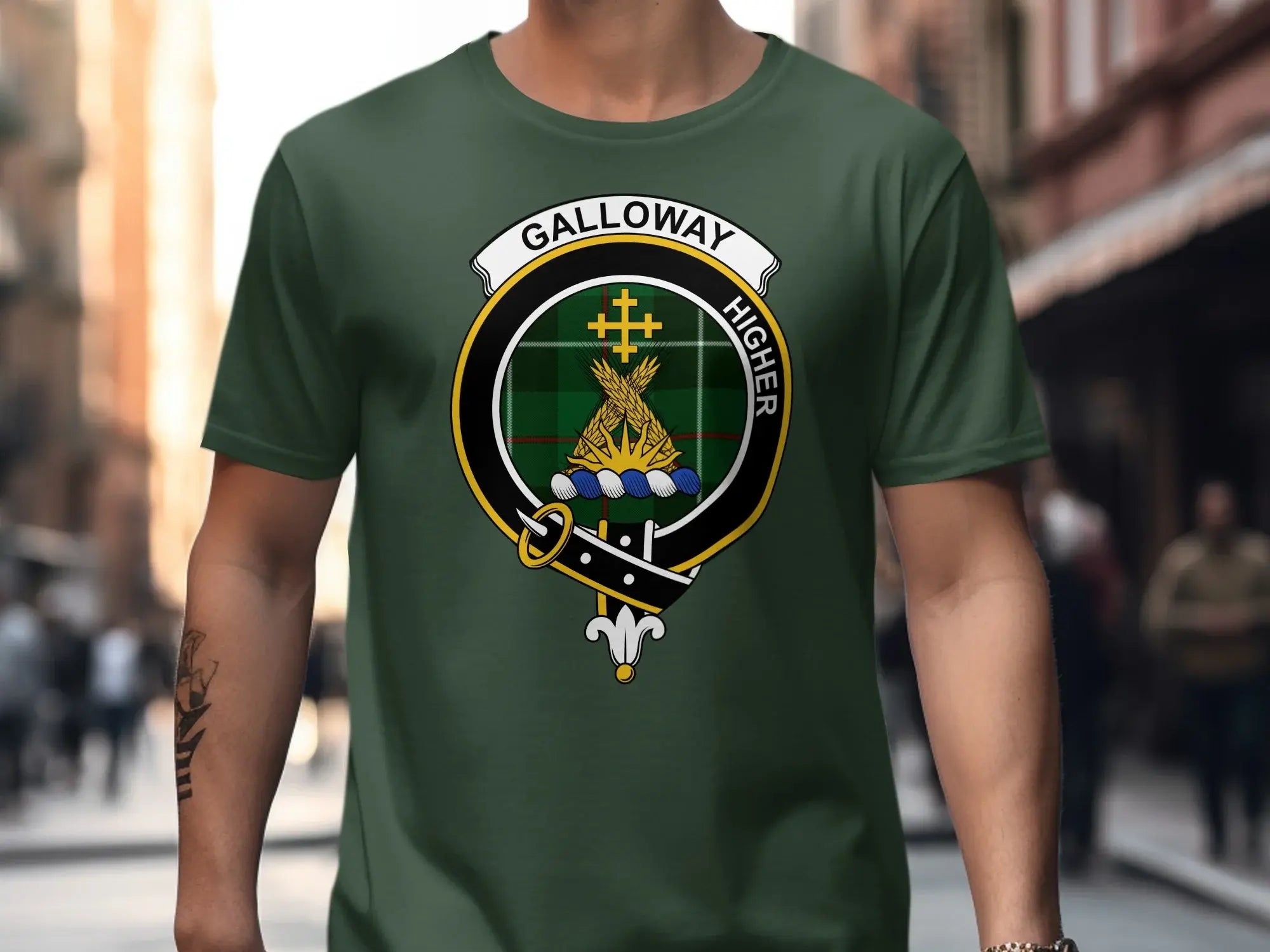 Galloway clan crest t-shirt in forest green — front view showing full crest and tartan print