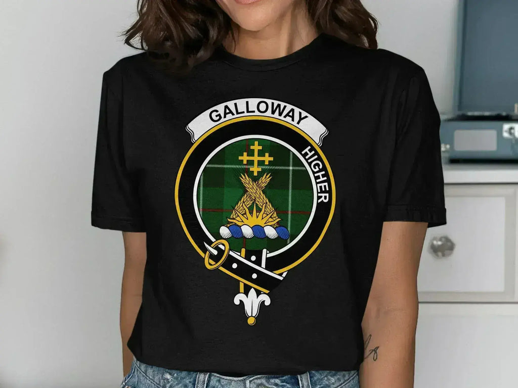Galloway clan crest t-shirt in royal blue — close-up of printed clan crest on chest