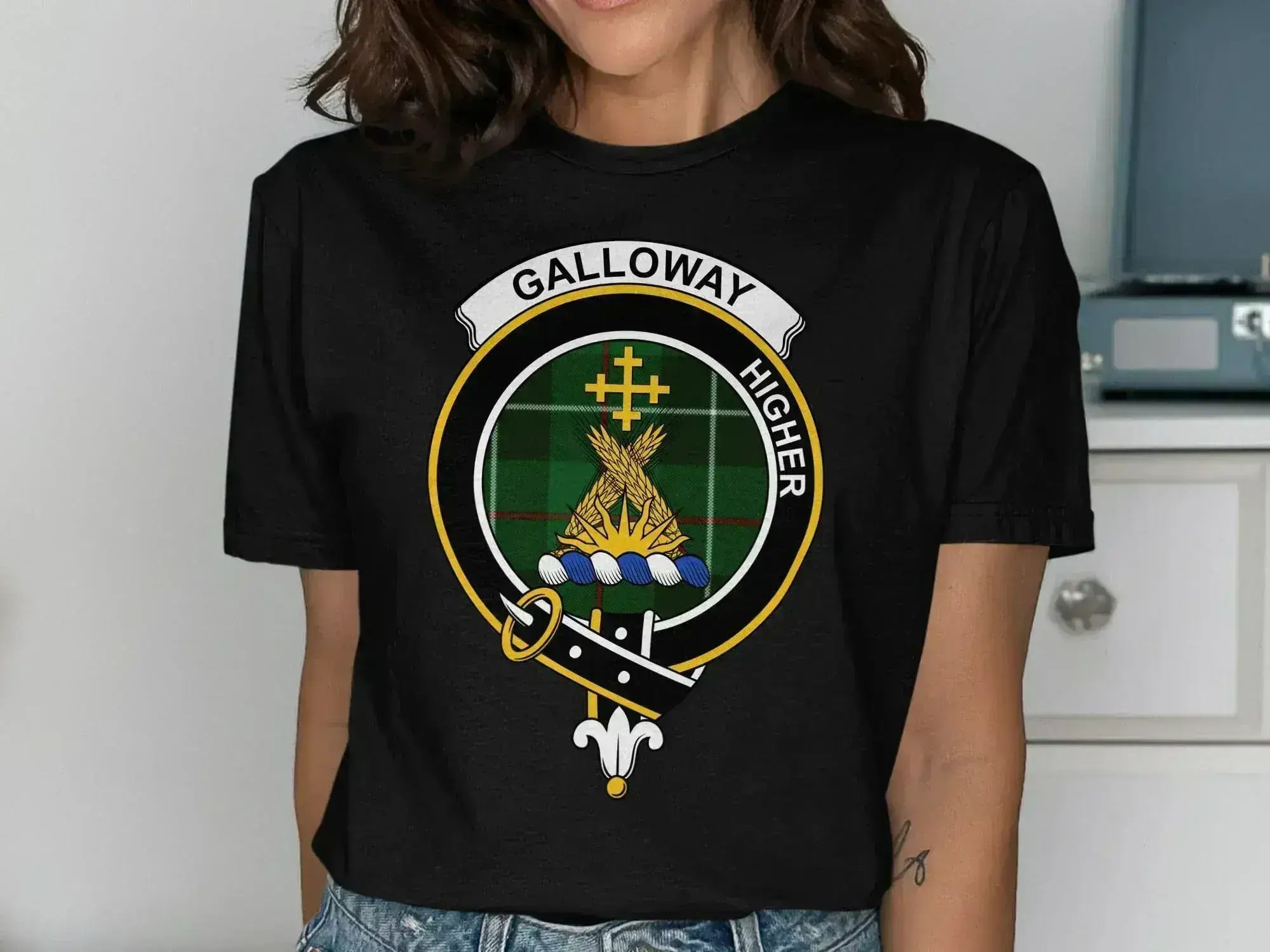 Galloway clan crest t-shirt in royal blue — close-up of printed clan crest on chest