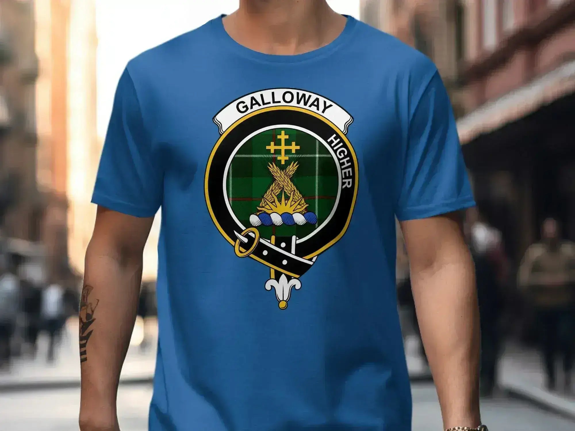 Galloway heritage t-shirt in navy — side view showing classic fit and short sleeve length