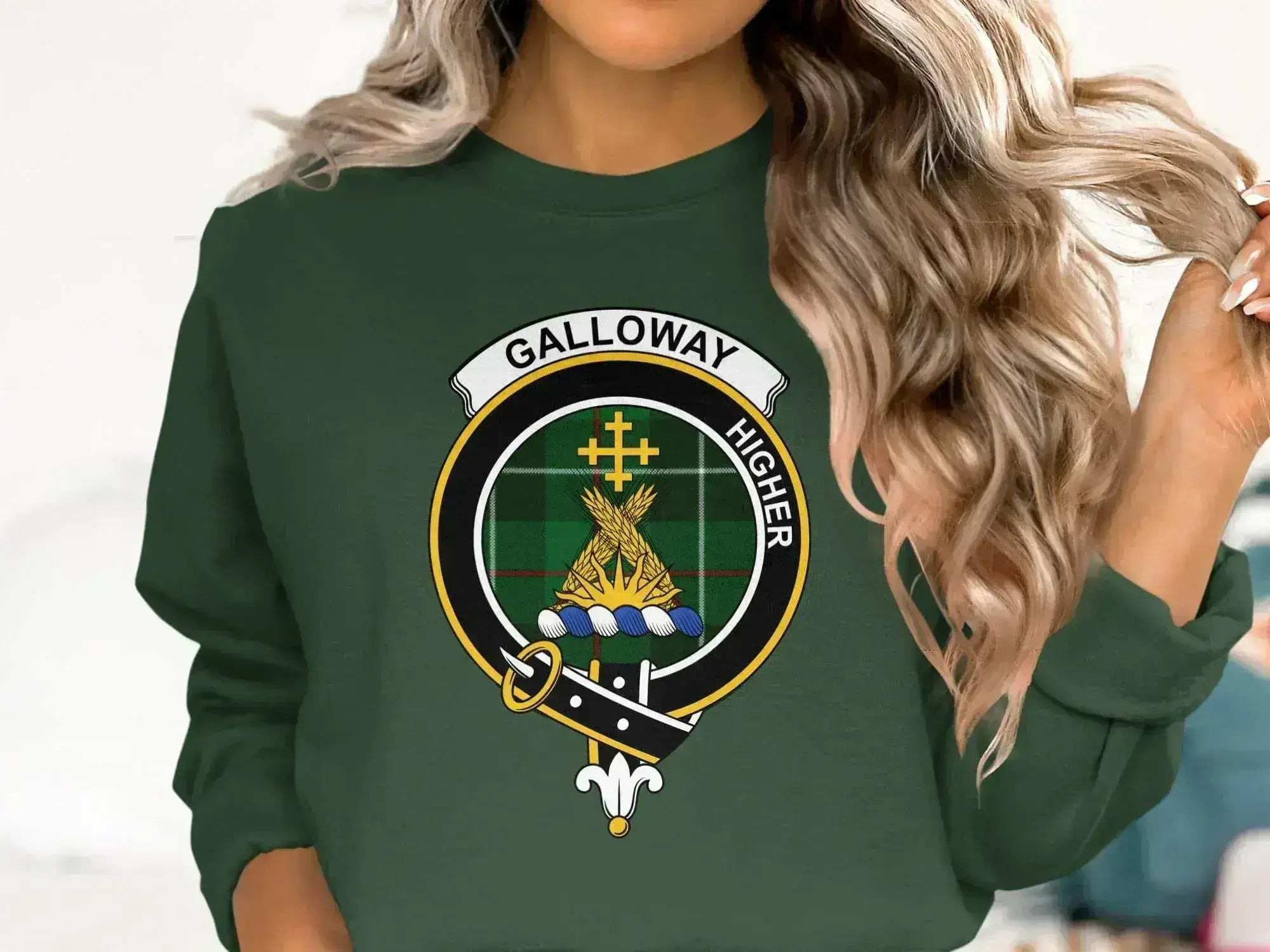 Galloway clan crest crewneck sweatshirt in navy — fleece Scottish heritage top with crest on front