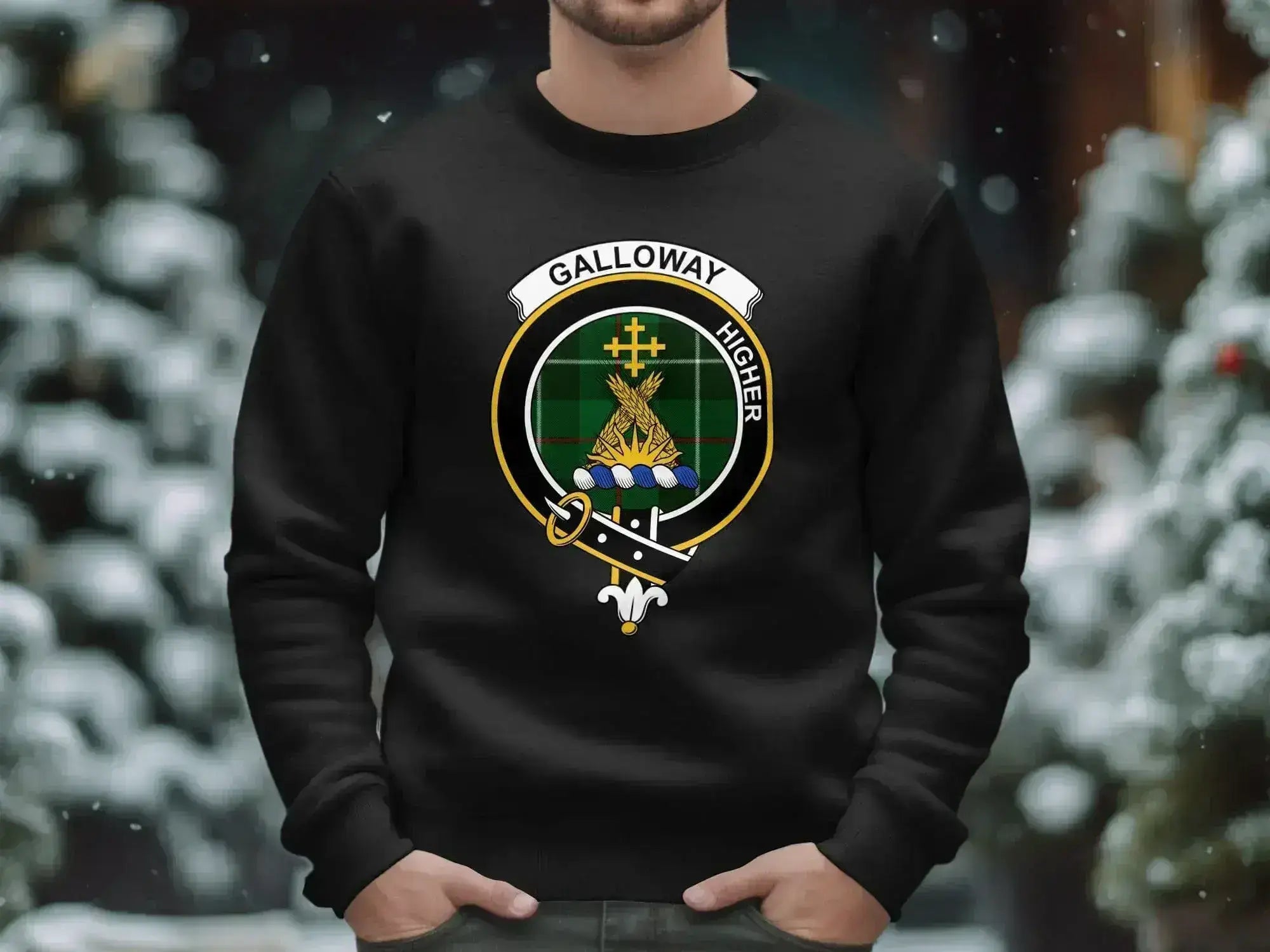Galloway clan crest sweatshirt in black — printed crest and Higher motto on fleece crewneck