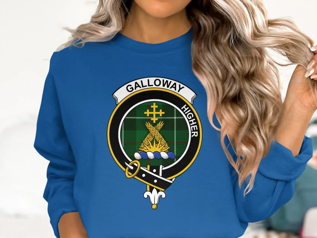 Galloway crewneck sweatshirt in forest green — clan crest and tartan detail on chest