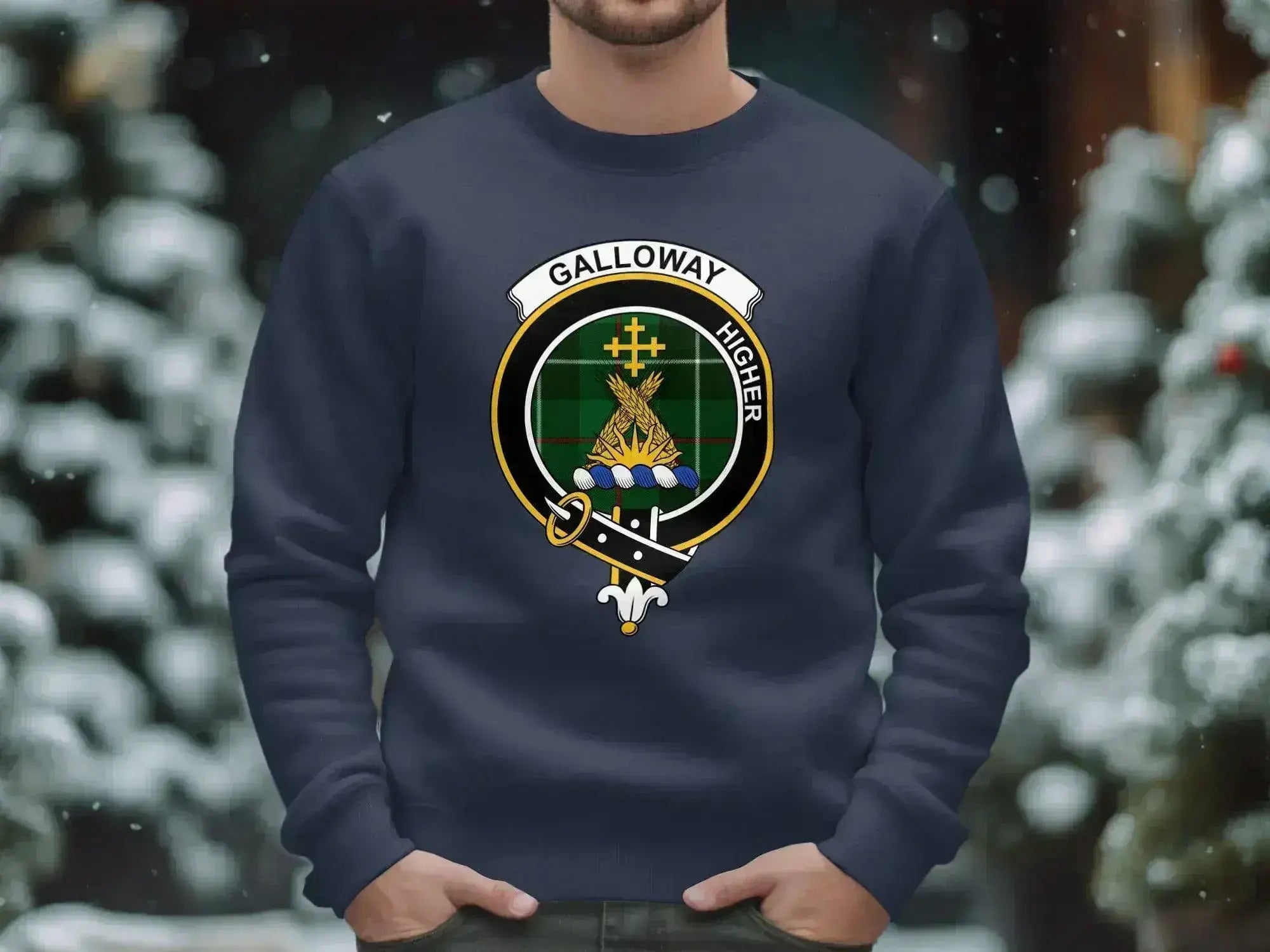 Galloway sweatshirt in royal blue — printed clan crest on heavy blend crewneck