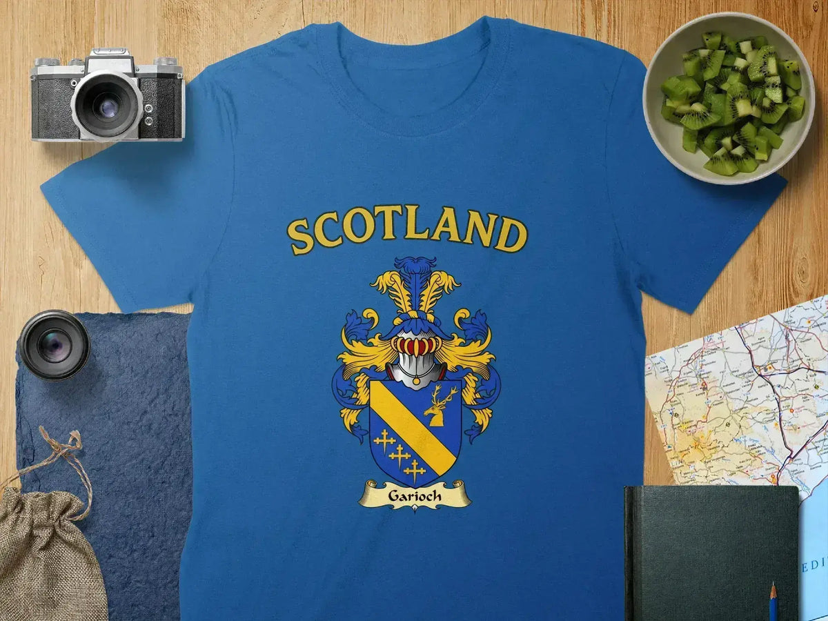 Garioch Scottish clan crest t-shirt — tartan-background design