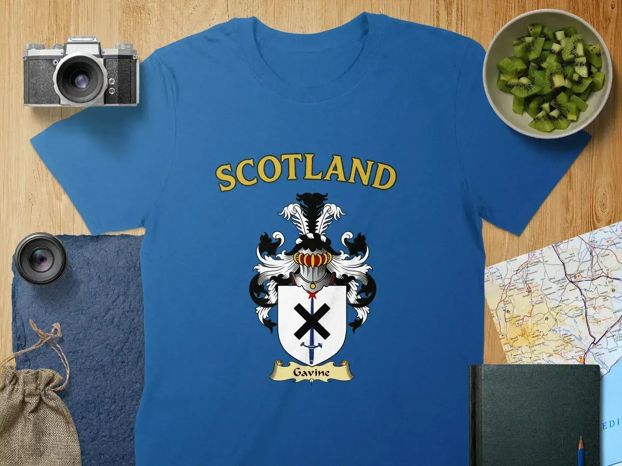 Gavine Scottish clan crest t-shirt — tartan-background design