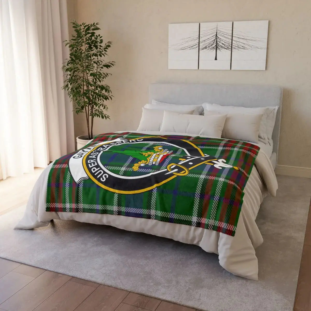 Tartan Plaid Blanket with Crest Design for Cozy Comfort