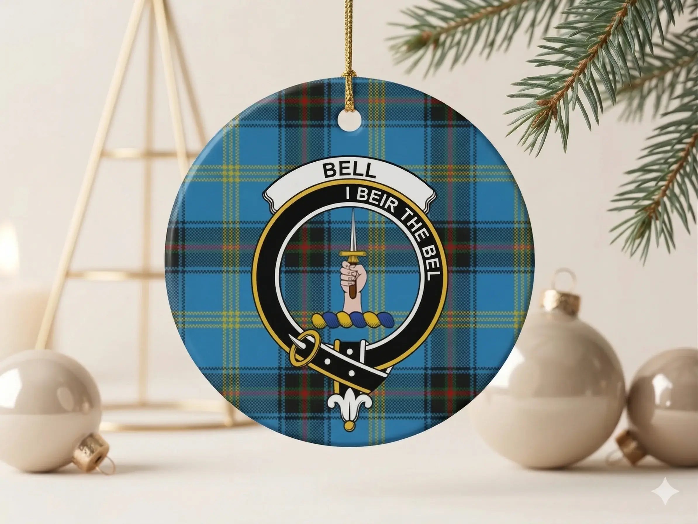 Clan Bell tartan crest ceramic ornament design — Scottish heritage 3 inch round keepsake