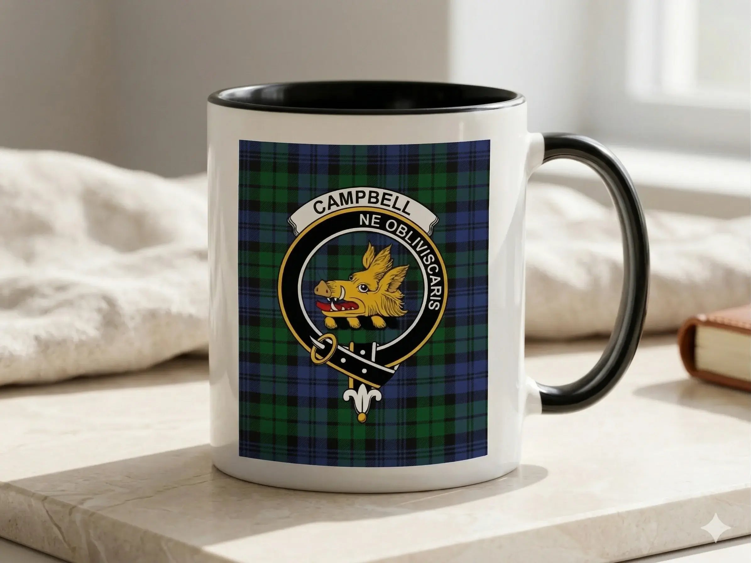 Clan Campbell tartan accent mug — 11oz ceramic with boar's head crest and Ne Obliviscaris motto
