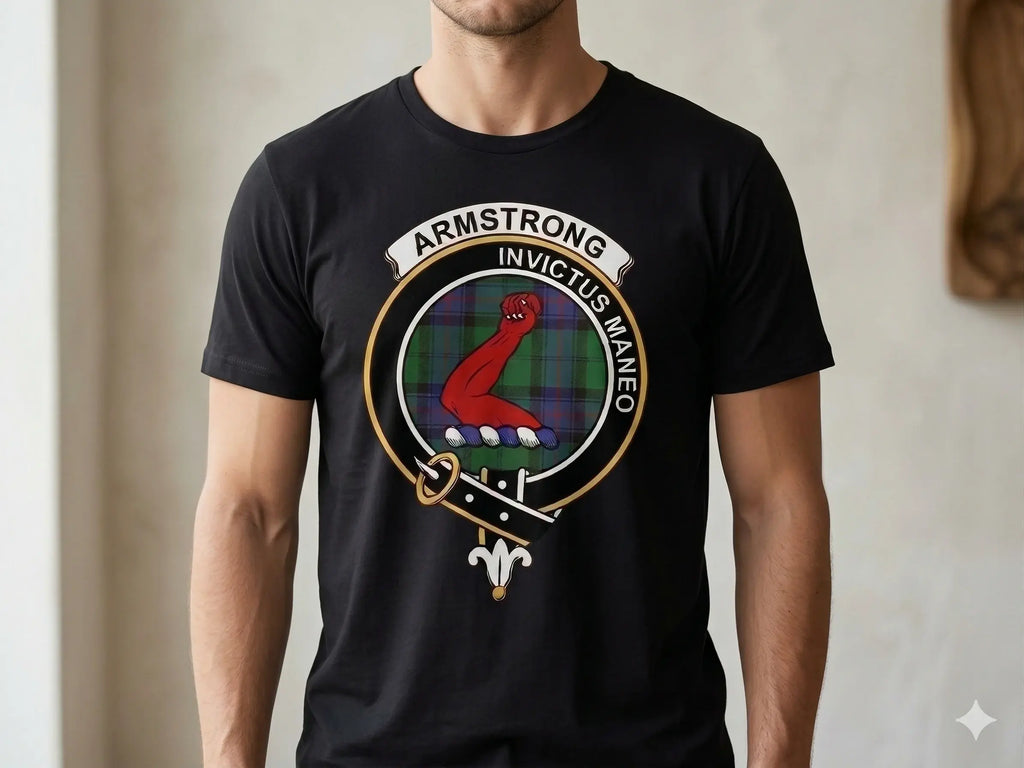 Armstrong clan crest and tartan design — Invictus Maneo motto, Scottish heritage apparel
