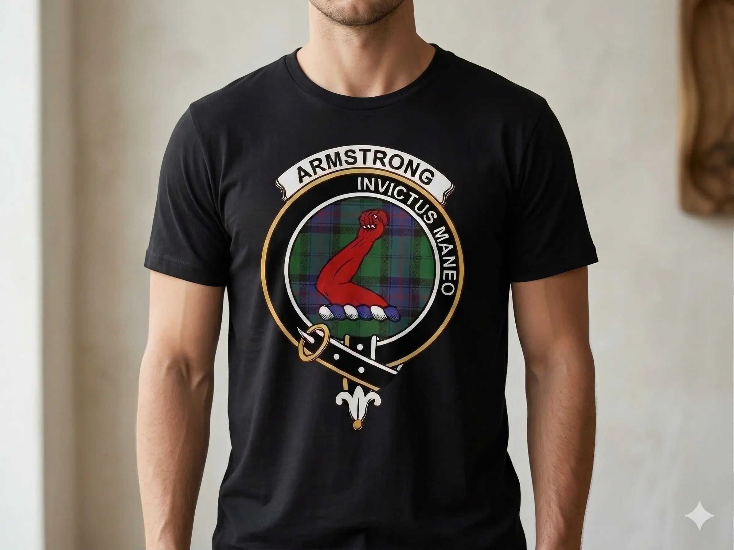 Armstrong clan crest and tartan design — Invictus Maneo motto, Scottish heritage apparel