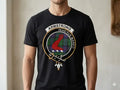 Personalized Scottish clan crest t-shirt with tartan background, custom surname