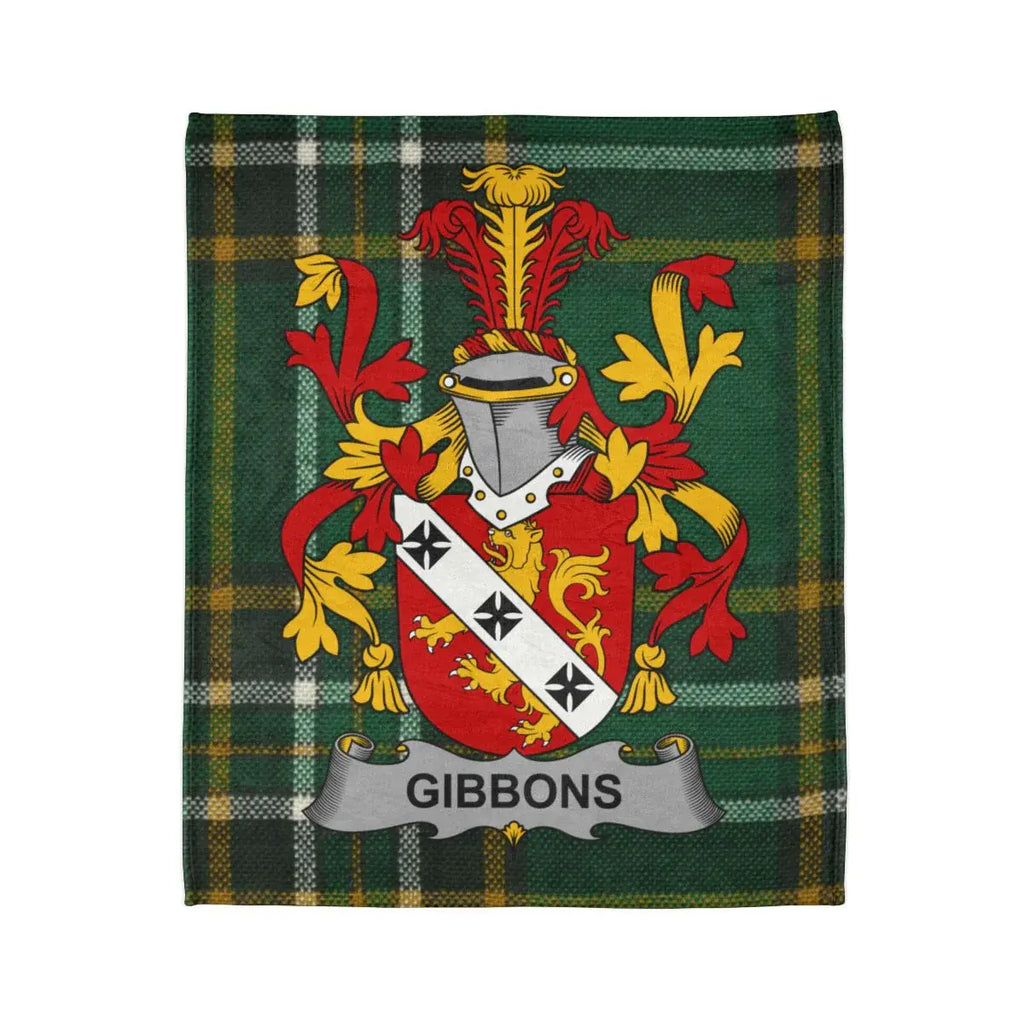 Gibbons Family Crest on Green Tartan Throw Blanket