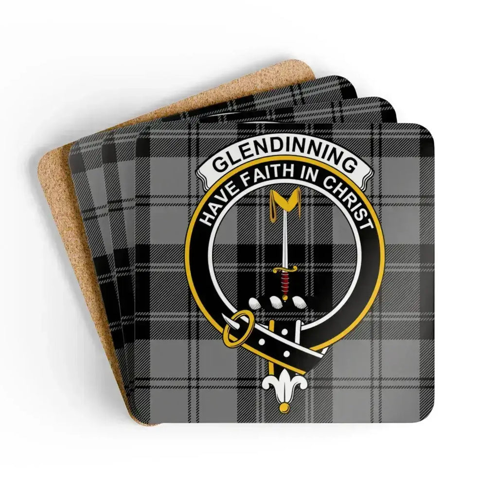 Clan Glendinning crest tartan coaster set — four square cork-backed coasters, 3.75 inch