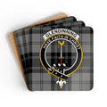 Clan Glendinning crest tartan coaster set — four square cork-backed coasters, 3.75 inch