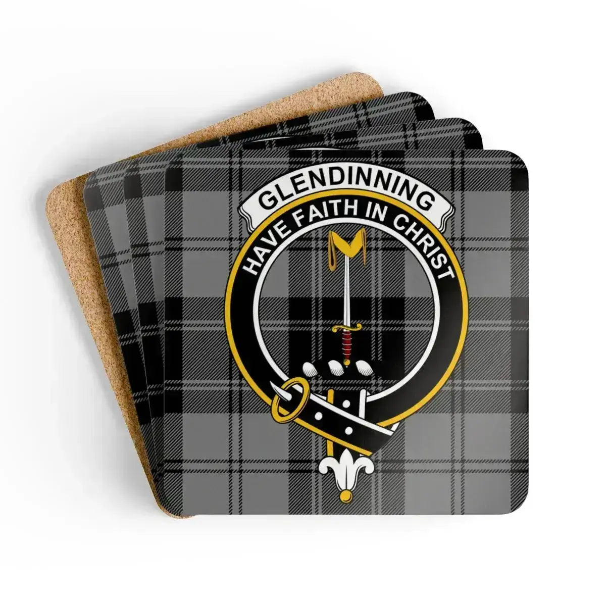 Clan Glendinning crest tartan coaster set — four square cork-backed coasters, 3.75 inch
