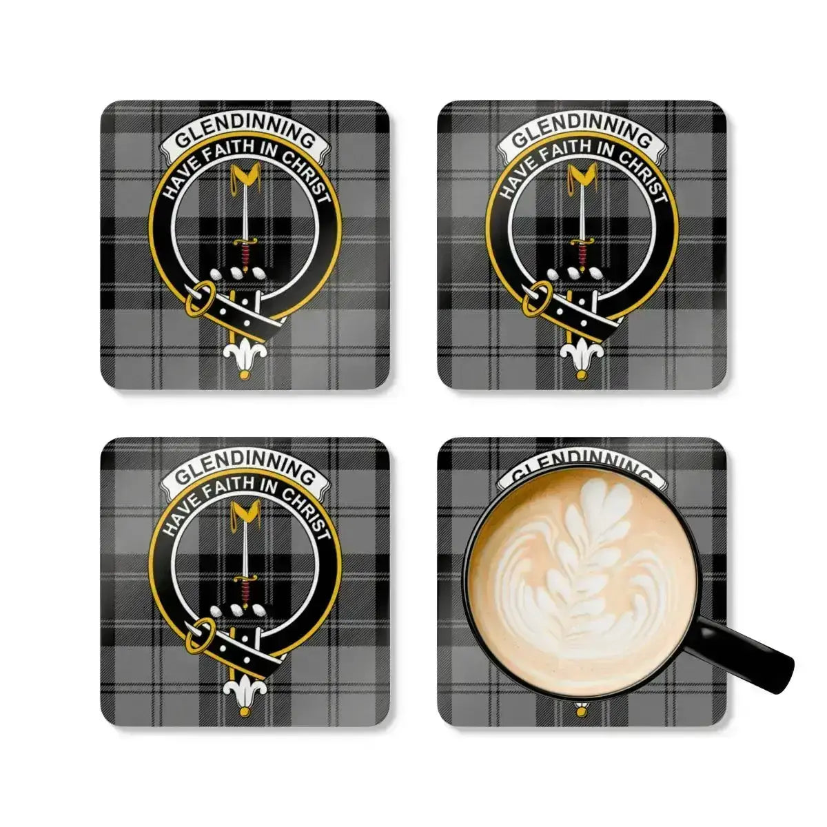 Glendinning clan crest coaster — Have Faith in Christ motto and tartan print on gloss surface